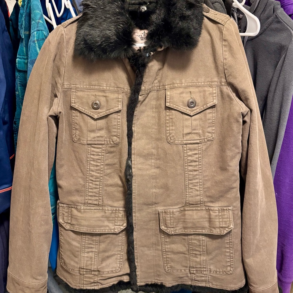 Vintage Miss Me fur brown canvas jacket with removable lining